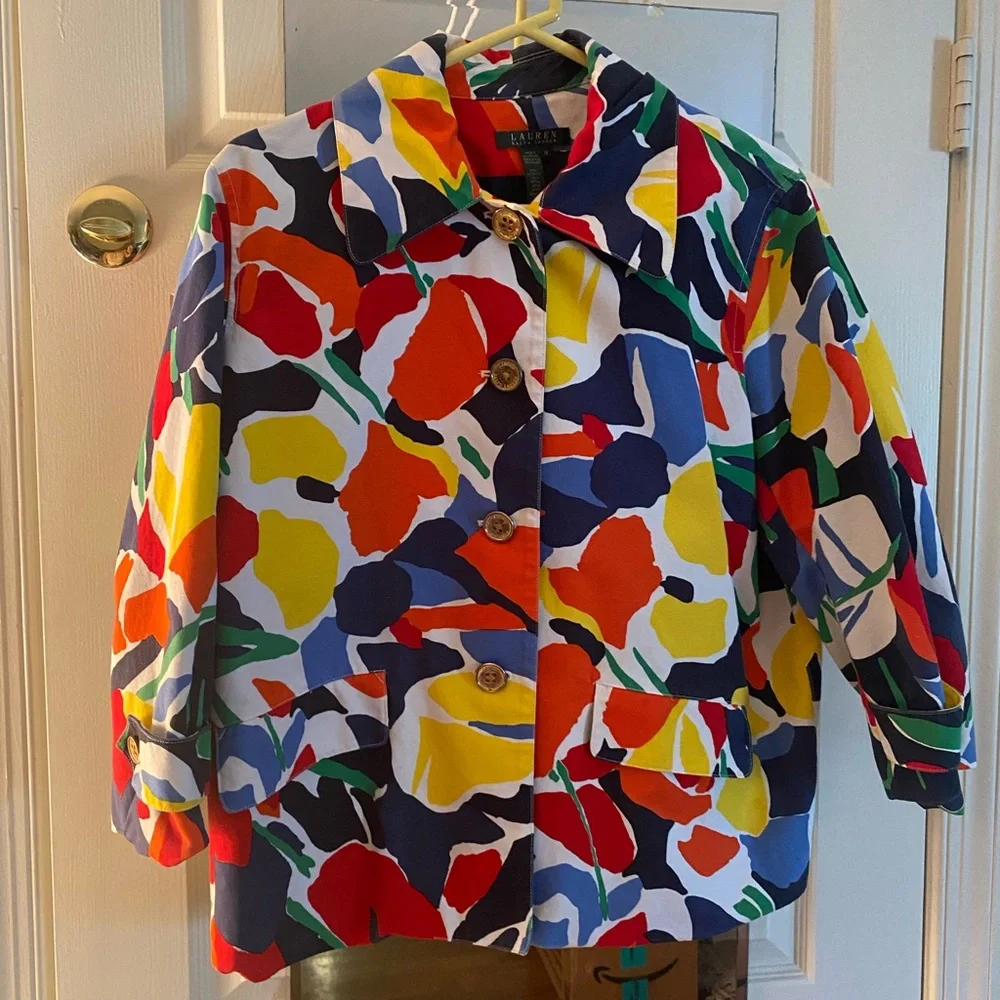 Ralph Lauren Colorful Abstract Floral 3/4 length Sleeves Jacket - Size 16